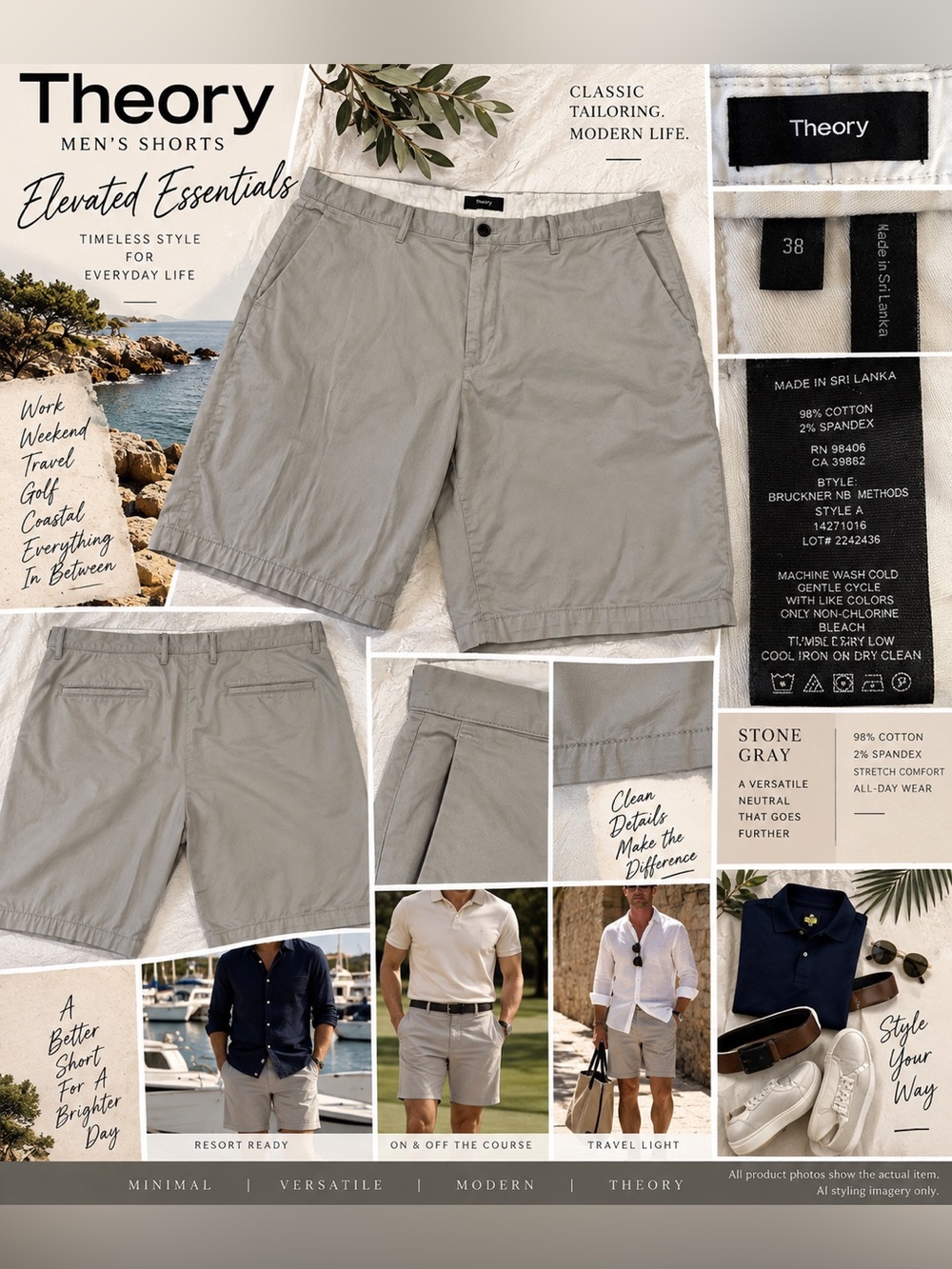 Theory Bruckner NB Mens 38 Stone Gray Stretch Cotton Chino Shorts Discontinued